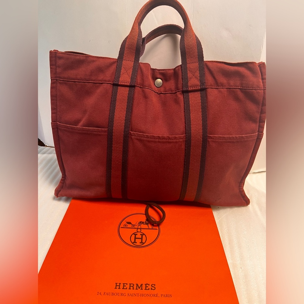 Hermes Fourre Tout Red Canvas Tote Bag Hermes Tote Handbag